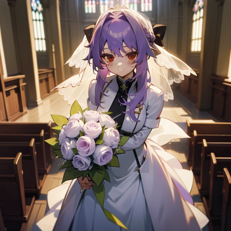 (Masterpiece), Best Quality, expressive eyes, a perfect face, 1girl, solo, purple hair, rainbow eyes, in the church, wedding, wedding  magical donut dress, pretty cure, veil, blusher, Smile, Bouquet in hand, look at the viewer, Shinoa hiiragi, Shinoa attracts