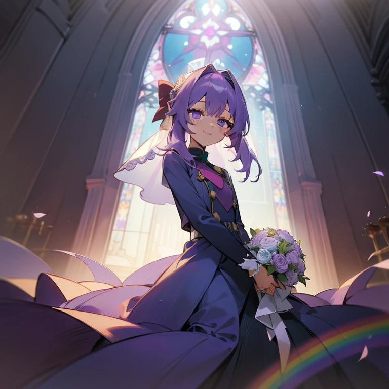 (Masterpiece), Best Quality, expressive eyes, a perfect face, 1girl, solo, purple hair, rainbow eyes, in the church, wedding, wedding  magical donut dress, pretty cure, veil, blusher, Smile, Bouquet in hand, look at the viewer, Shinoa hiiragi, Shinoa attracts