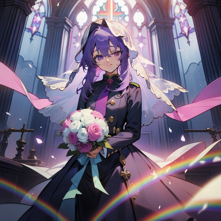 (Masterpiece), Best Quality, expressive eyes, a perfect face, 1girl, solo, purple hair, rainbow eyes, in the church, wedding, wedding  magical donut dress, pretty cure, veil, blusher, Smile, Bouquet in hand, look at the viewer, Shinoa hiiragi, Shinoa attracts