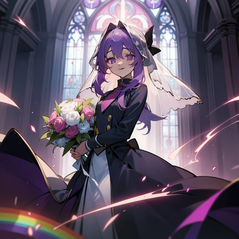 (Masterpiece), Best Quality, expressive eyes, a perfect face, 1girl, solo, purple hair, rainbow eyes, in the church, wedding, wedding  magical donut dress, pretty cure, veil, blusher, Smile, Bouquet in hand, look at the viewer, Shinoa hiiragi, Shinoa attracts