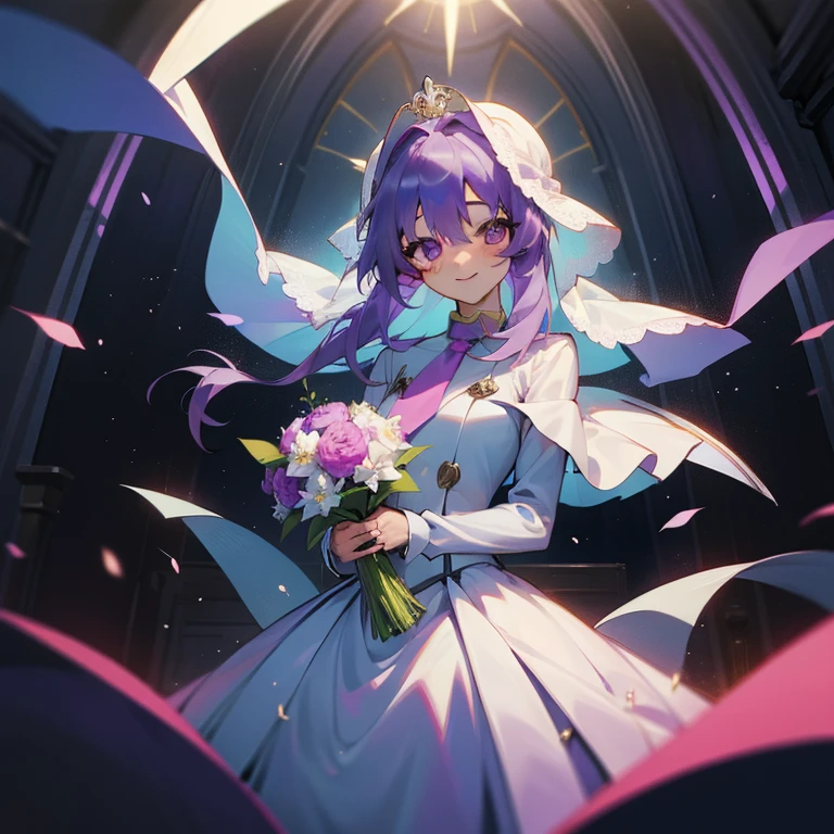 (Masterpiece), Best Quality, expressive eyes, a perfect face, 1girl, solo, purple hair, rainbow eyes, in the church, wedding, wedding  magical donut dress, pretty cure, veil, blusher, Smile, Bouquet in hand, look at the viewer, Shinoa hiiragi, Shinoa attracts