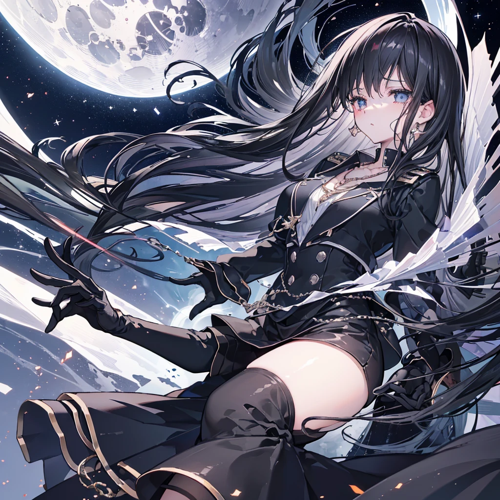 ((high resolution　Black Hair　Long Hair　uniform　Lonely　despair))　((chest　necklace　Tears　gloves))　(New York at Night　Distorted Space-Time　star　moon)　Catch the wind　Light