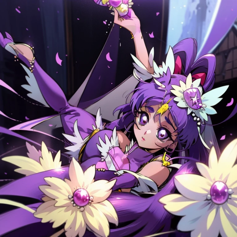 (Masterpiece), Best Quality, expressive eyes, a perfect face, 1girl, solo, purple hair, rainbow eyes, in the church, wedding, wedding  magical donut dress, pretty cure, veil, blusher, Smile, Bouquet in hand, look at the viewer, Shinoa hiiragi, Shinoa attracts