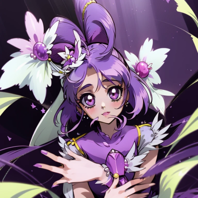 (Masterpiece), Best Quality, expressive eyes, a perfect face, 1girl, solo, purple hair, rainbow eyes, in the church, wedding, wedding  magical donut dress, pretty cure, veil, blusher, Smile, Bouquet in hand, look at the viewer, Shinoa hiiragi, Shinoa attracts