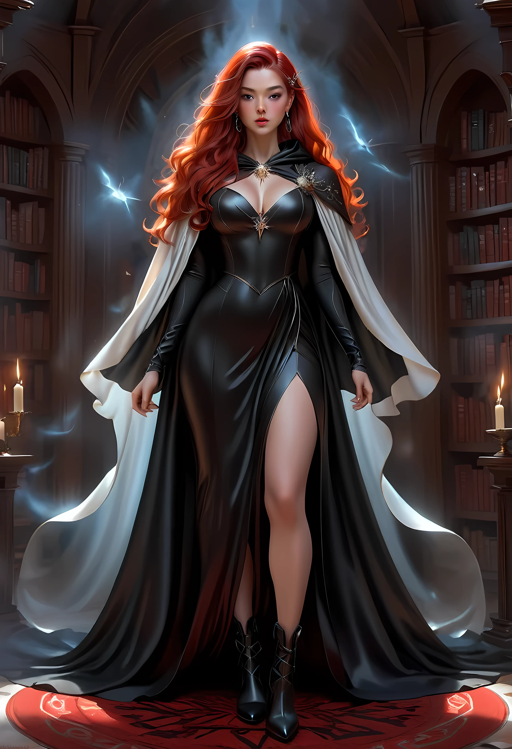 high details, best quality, 16k, [ultra detailed], masterpiece, best quality, (extremely detailed), full body, ultra wide shot, julie bell style (ultra details, Masterpiece, best quality), fantasy art, dnd art,fantasy art, realistic art, a sorceress casting a WitchcraftPunkAI spell in magical library (ultra details, Masterpiece, best quality), exquisite beautiful human woman (ultra details, Masterpiece, best quality), red hair, long hair, (long black dress: 1.2), (white cloak: 1.3), high heeled boots (ultra details, Masterpiece, best quality) WitchcraftPunkAI