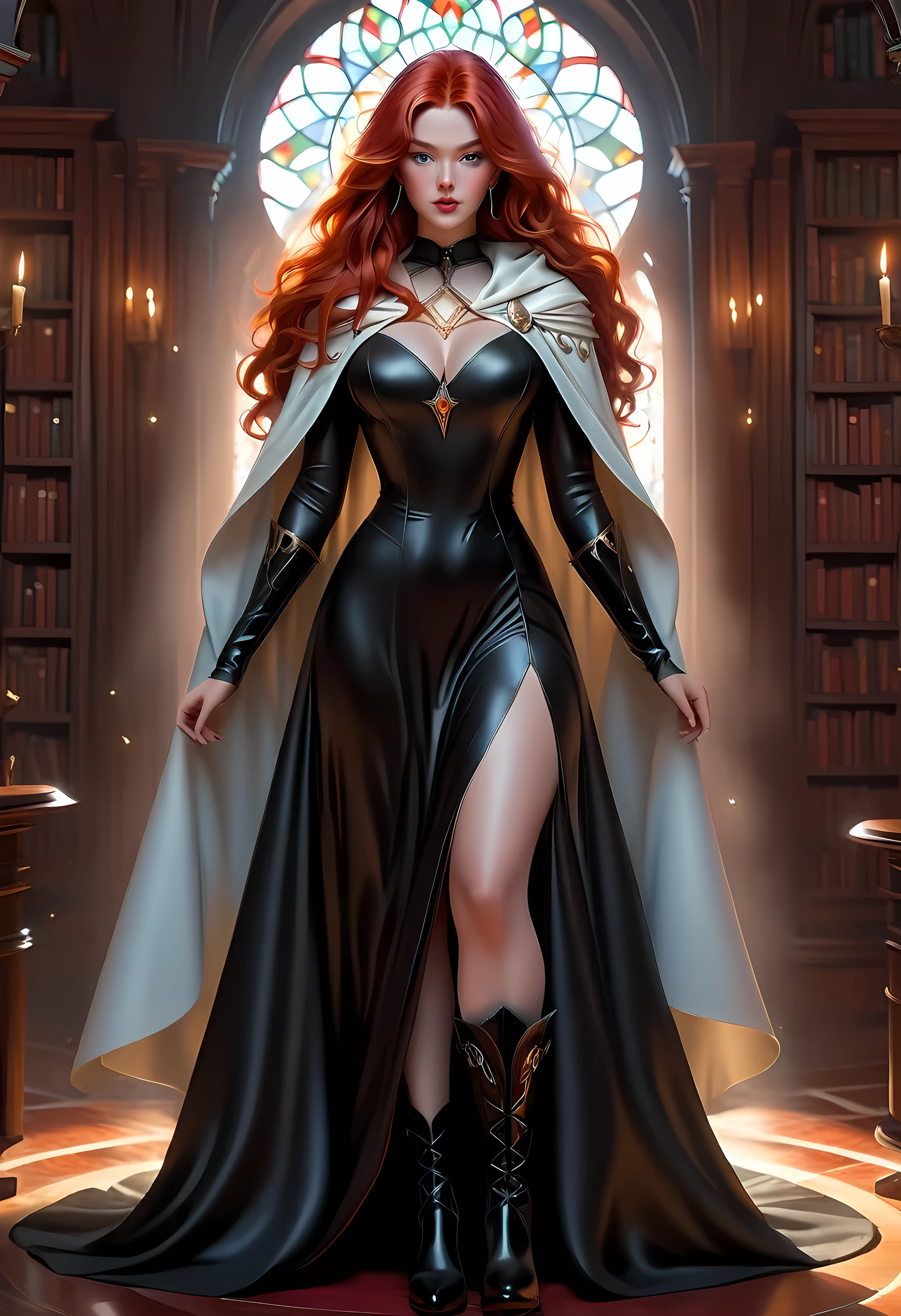 high details, best quality, 16k, [ultra detailed], masterpiece, best quality, (extremely detailed), full body, ultra wide shot, julie bell style (ultra details, Masterpiece, best quality), fantasy art, dnd art,fantasy art, realistic art, a sorceress casting a DruidMagicAI spell in magical library (ultra details, Masterpiece, best quality), exquisite beautiful human woman (ultra details, Masterpiece, best quality), red hair, long hair, (long black dress: 1.2), (white cloak: 1.3), high heeled boots (ultra details, Masterpiece, best quality) DruidMagicAI