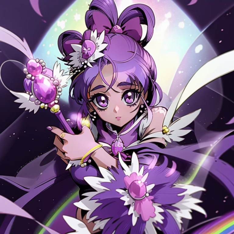 (Masterpiece), Best Quality, expressive eyes, a perfect face, 1girl, solo, purple hair, rainbow eyes, in the church, wedding, wedding  magical donut dress, pretty cure, veil, blusher, Smile, Bouquet in hand, look at the viewer, Shinoa hiiragi, Shinoa attracts