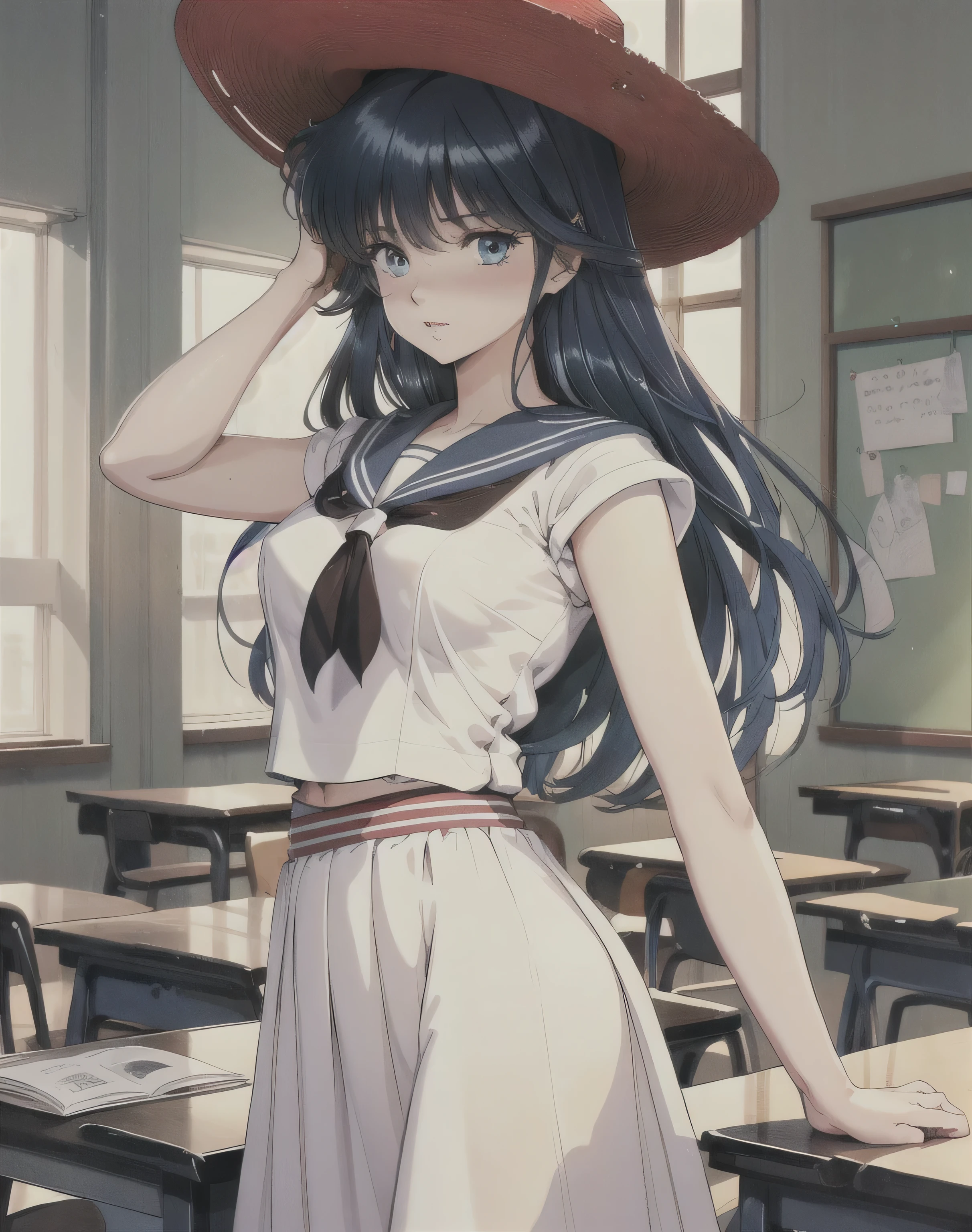 (ayukawa madoka), sexy, Mature face, Sexy smile、Extremely detailed eyes、Blue Eyes, (Blue Hair、Long Hair、Straight)、Tabletop, (Penetration: 1.2),((Short sailor suit, Detailed and accurate)), Summer shirt、Red scarf、In a glamorous body, Huge breasts:1.6, (Slim waist、Smooth)、Big hips:1.4、Big Ass 1.5、((Long skirt for school uniform)), , Sexy Poses,refer to４Bookの中に親refer to１Book,On a desk in the classroom、Classroom Background、Red straw hat, 