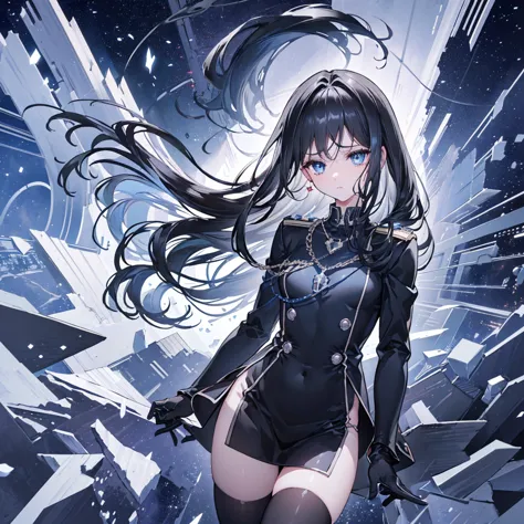 ((high resolution　Black Hair　Long Hair　Dull blue eyes　uniform　Lonely　despair))　((chest　necklace　Tears　gloves))　(New York at Nigh...