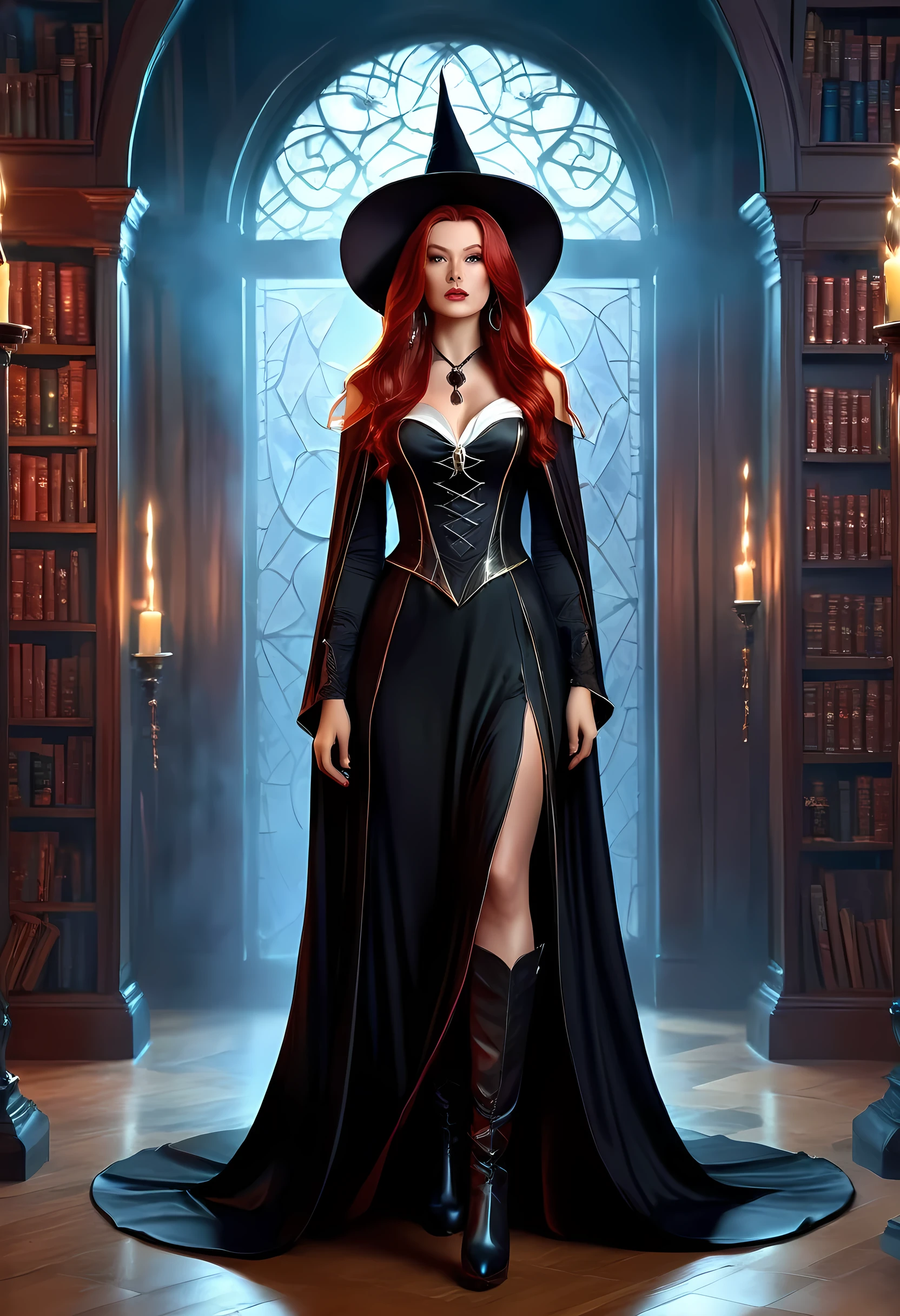 high details, best quality, 16k, [ultra detailed], masterpiece, best quality, (extremely detailed), full body, ultra wide shot, julie bell style (ultra details, Masterpiece, best quality), fantasy art, dnd art,fantasy art, realistic art, a sorceress casting a WitchcraftPunkAI spell in magical library (ultra details, Masterpiece, best quality), exquisite beautiful human woman (ultra details, Masterpiece, best quality), red hair, long hair, (long black dress: 1.2), (white cloak: 1.3), high heeled boots (ultra details, Masterpiece, best quality) WitchcraftPunkAI