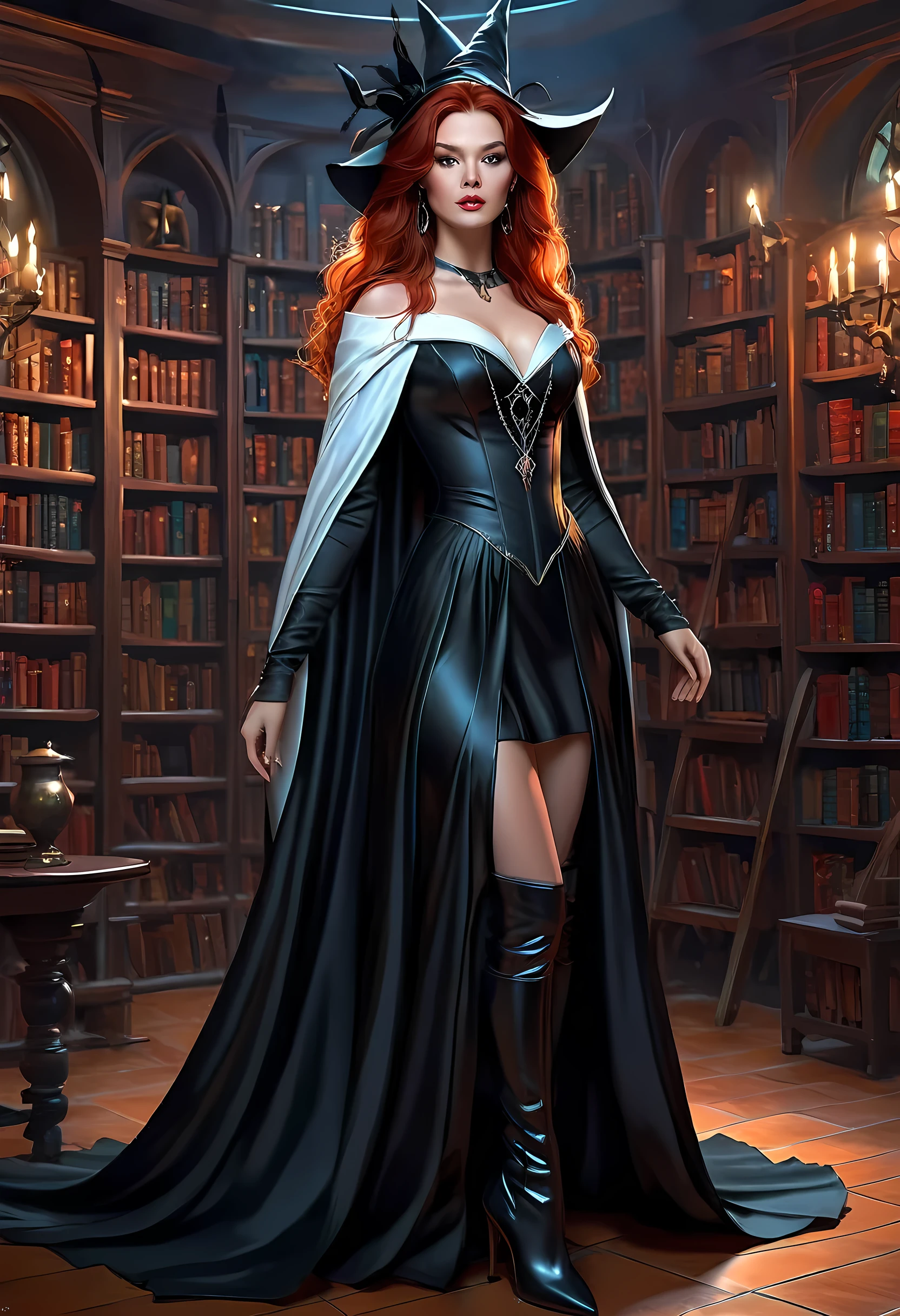 high details, best quality, 16k, [ultra detailed], masterpiece, best quality, (extremely detailed), full body, ultra wide shot, julie bell style (ultra details, Masterpiece, best quality), fantasy art, dnd art,fantasy art, realistic art, a sorceress casting a WitchcraftPunkAI spell in magical library (ultra details, Masterpiece, best quality), exquisite beautiful human woman (ultra details, Masterpiece, best quality), red hair, long hair, (long black dress: 1.2), (white cloak: 1.3), high heeled boots (ultra details, Masterpiece, best quality) WitchcraftPunkAI