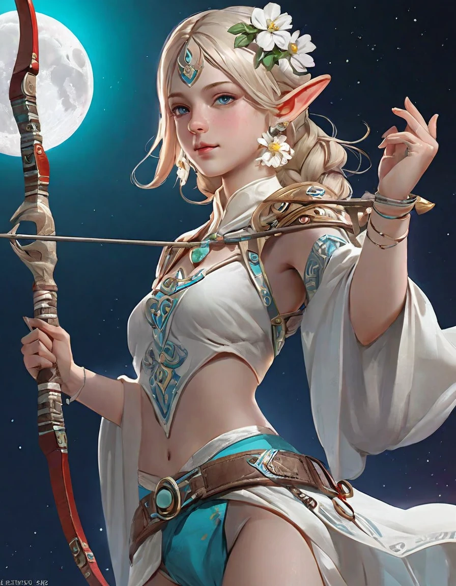 (1 girl: 1.5), very beautiful 16 year old: 1.5 Girl's libido, Female physiognomy, elf, (elven ears), (blonde archer), (((girl, girl, female))), (( blonde hair:1.5,short detailed hair, short blonde hair with a braid, decorated with white flowers)),(((turquoise_eyes:1.3))), beautiful detailed eyes, symmetrical eyes,1.5,chest,(( good anatomy, accurate body proportions, detailed body))), ((silk)),(bandages on the arm, moon earrings)), ((silk panties)),(small bulge on the panties),(decorative bandages on the chest and arms )),(((tram clothes:1.5,intricate outfit, intricate clothes))), (((dynamic pose: 1.0), confused, (center, scaled to size, Rule of Thirds)), ((transparent crystal flowers, kundalini, ancient energy source, universe, galaxy, crystal planet)), landscape: 1.25, ((intricate landscape)), thick hips, wide hips, saucy panties, (glossy silk jewelry), high definition, sharp focus, ( ultra detailed, extremely detailed), (photorealistic work: 1.37), (extremely detailed CG unity 8k wallpaper)),(((bright colors, vibrant theme))),(complex),(masterpiece),(best quality), artistic photography,(photo taken by sldr),(intricate background) ,perfect facial detailing, perfect facial details, realistic face,photorealistic, analogue style,((intricate details)),(((realism))), ((flat chest, flat stomach)), (((bright colors))),((3d)), (intense colors).