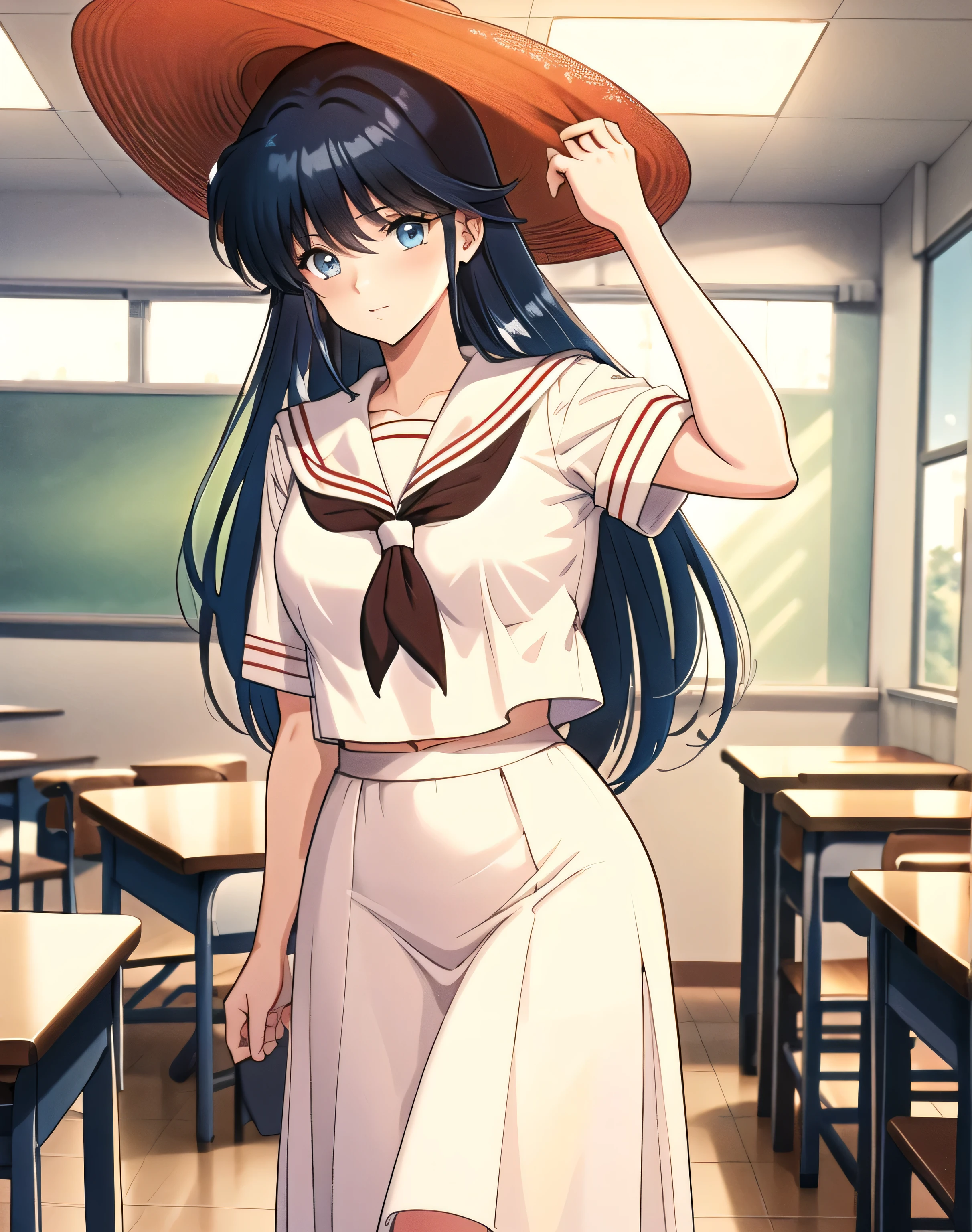 (ayukawa madoka), sexy, Mature face, Sexy smile、Extremely detailed eyes、Blue Eyes, (Blue Hair、Long Hair、Straight)、Tabletop, (Penetration: 1.2),((Short sailor suit, Detailed and accurate)), Summer shirt、Red scarf、In a glamorous body, Huge breasts:1.6, (Slim waist、Smooth)、Big hips:1.4、Big Ass 1.5、((Long skirt for school uniform)), , Sexy Poses,refer to４Bookの中に親refer to１Book,On a desk in the classroom、Classroom Background、Red straw hat, 