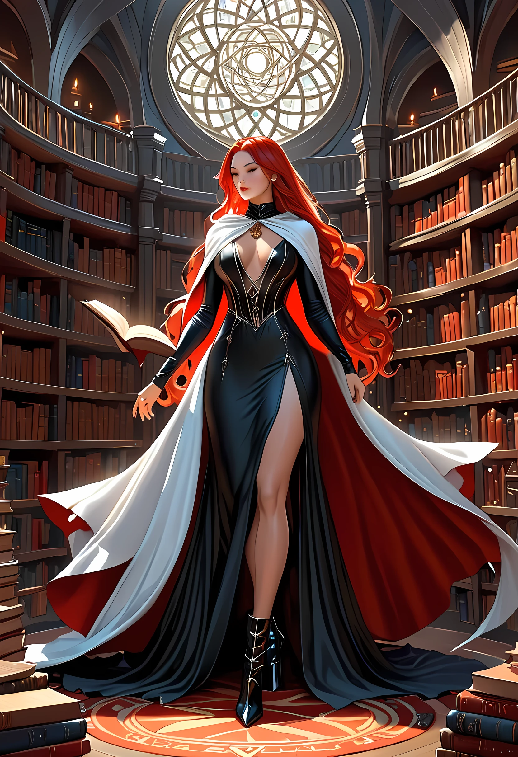 high details, best quality, 16k, [ultra detailed], masterpiece, best quality, (extremely detailed), full body, ultra wide shot, julie bell style (ultra details, Masterpiece, best quality), fantasy art, dnd art,fantasy art, realistic art, a sorceress casting a WitchcraftPunkAI spell in magical library (ultra details, Masterpiece, best quality), exquisite beautiful human woman (ultra details, Masterpiece, best quality), red hair, long hair, (long black dress: 1.2), (white cloak: 1.3), high heeled boots (ultra details, Masterpiece, best quality) WitchcraftPunkAI