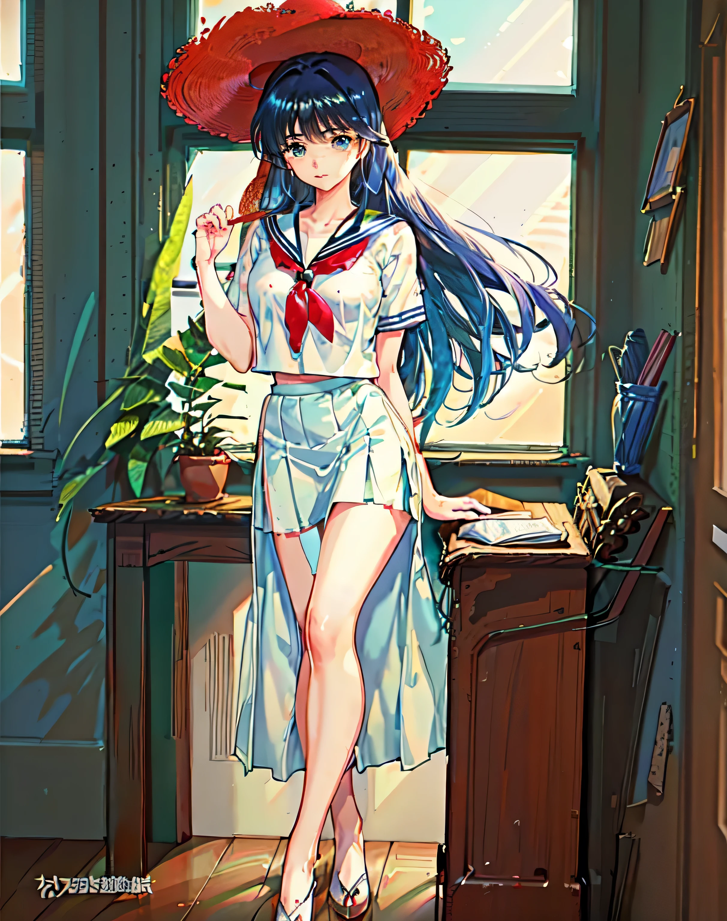 (ayukawa madoka), sexy, Mature face, Sexy smile、Extremely detailed eyes、Blue Eyes, (Blue Hair、Long Hair、Straight)、Tabletop, (Penetration: 1.2),((Short sailor suit, Detailed and accurate)), Summer shirt、Red scarf、In a glamorous body, Huge breasts:1.6, (Slim waist、Smooth)、Big hips:1.4、Big Ass 1.5、((Long skirt for school uniform)), , Sexy Poses,refer to４Bookの中に親refer to１Book,On a desk in the classroom、Classroom Background、Red straw hat, 