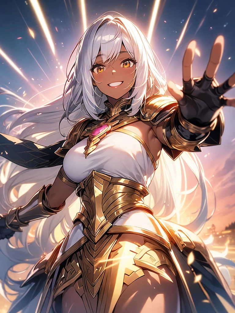 16k, upper body depiction, waving hands, heavy armor, gauntlets, breastplate, large shoulder pads, cloak, 1 elf woman, (dark skin: 1.2), (golden eyes: 1), beautiful silver hair, (Straight long hair: 1.2), smile, (pink lips: 1.2)