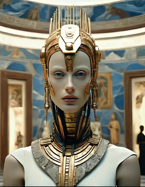 cinematic film still, close up, a robot woman stands tall, half-human half machine, amongst an ancient greek gallery of painting...