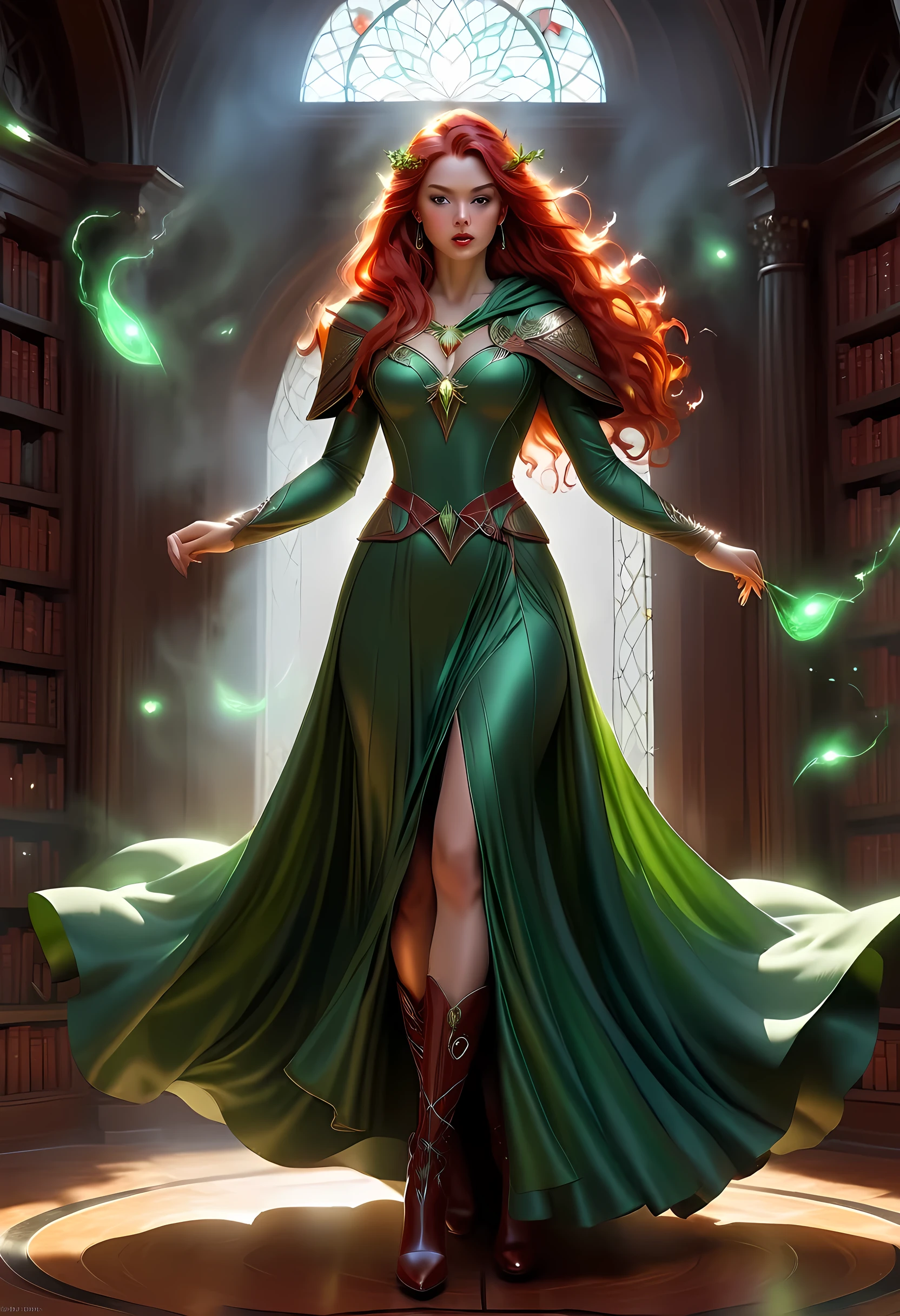 high details, best quality, 16k, [ultra detailed], masterpiece, best quality, (extremely detailed), full body, ultra wide shot, julie bell style (ultra details, Masterpiece, best quality), fantasy art, dnd art,fantasy art, realistic art, a sorceress casting a DruidMagicAI spell in magical library (ultra details, Masterpiece, best quality), exquisite beautiful human woman (ultra details, Masterpiece, best quality), red hair, long hair, (long green dress: 1.2), (white cloak: 1.3), high heeled boots (ultra details, Masterpiece, best quality) DruidMagicAI