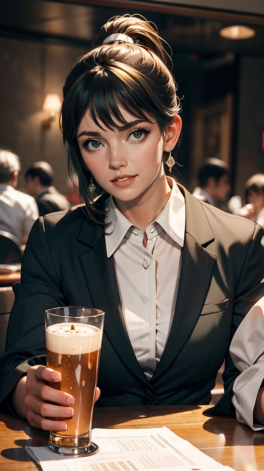 Girl with short ponytail wearing formal suit lying on restaurant table,  Clear Eyes, Perfect body,  (Looking down at the viewer:0.8), (Purelos Face_v1:0.2), Removable sleeves, Open your mouth, bangs, One girl, Shiny skin, (masterpiece;1.0), (Realistic:1.4), (Sharp focus:1.2), 