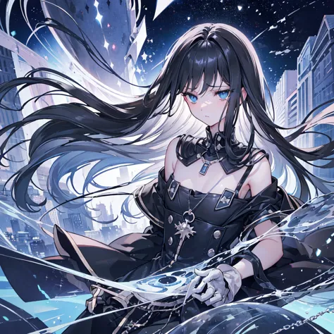 ((high resolution　Black Hair　Long Hair　Dull blue eyes　uniform　Lonely　despair))　((chest　necklace　Tears　gloves))　(New York at Nigh...