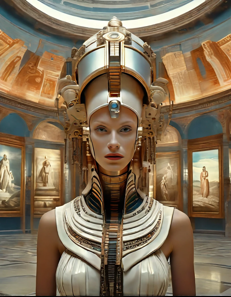 cinematic film still, close up, a robot woman stands tall, half-human half machine, amongst an ancient Greek gallery of paintings and marble, religious symbolism, quantum wavetracing, high fashion editorial, glsl shaders, semiconductors and electronic computer hardware, amazing quality, wallpaper, analog film grain, perfect face skin, concerned expression