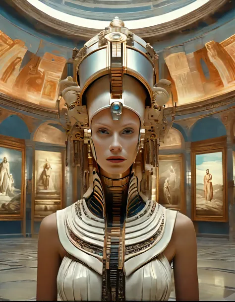 cinematic film still, close up, a robot woman stands tall, half-human half machine, amongst an ancient Greek gallery of painting...
