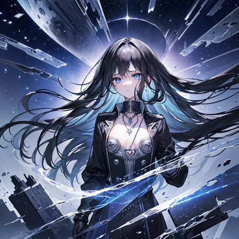 ((high resolution　Black Hair　Long Hair　Dull blue eyes　uniform　Lonely　despair))　((chest　necklace　Tears　gloves))　(New York at Nigh...