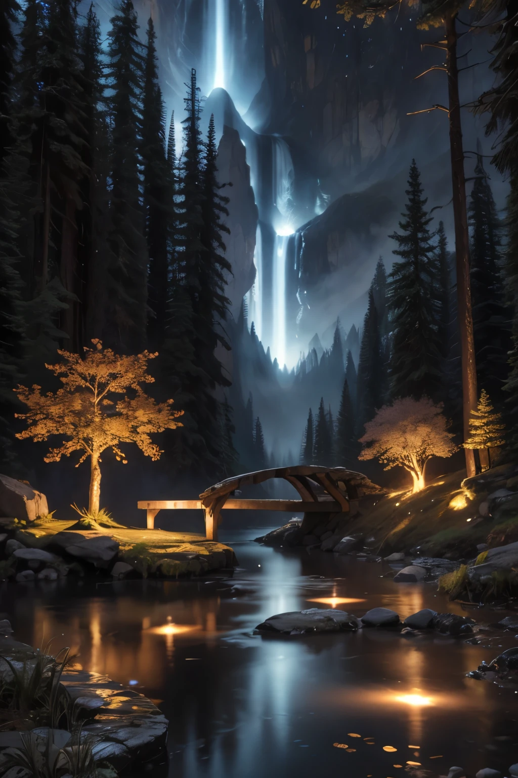 best quality, masterpiece, beautiful wild and natural fantasy landscape with glowing lights