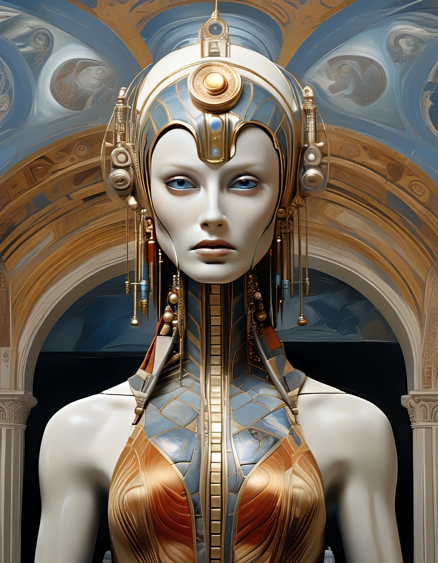 cinematic film still, close up, a robot woman stands tall, half-human half machine, amongst an ancient Greek gallery of paintings and marble, religious symbolism, quantum wavetracing, high fashion editorial, glsl shaders, semiconductors and electronic computer hardware, amazing quality, wallpaper, analog film grain, perfect face skin, concerned expression