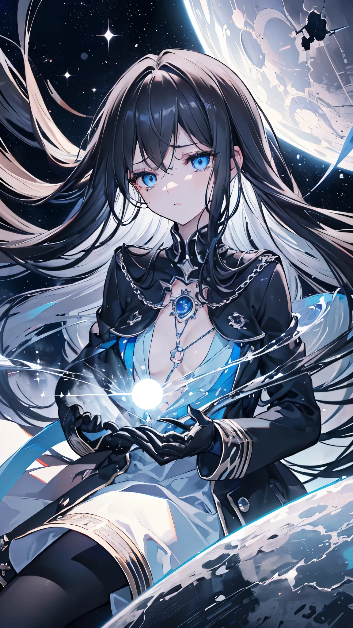 ((high resolution　Black Hair　Long Hair　Dull blue eyes　uniform　Lonely　despair))　((chest　necklace　Tears　gloves))　(New York at Night　Distorted Space-Time　star　moon)　Catch the wind　Light