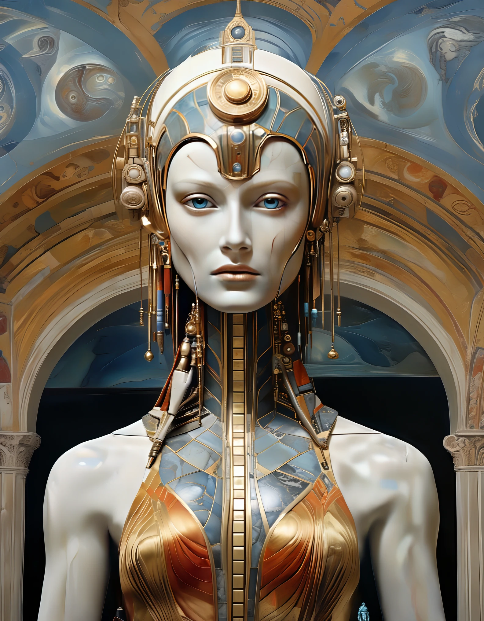 cinematic film still, close up, a robot woman stands tall, half-human half machine, amongst an ancient Greek gallery of paintings and marble, religious symbolism, quantum wavetracing, high fashion editorial, glsl shaders, semiconductors and electronic computer hardware, amazing quality, wallpaper, analog film grain, perfect face skin, concerned expression