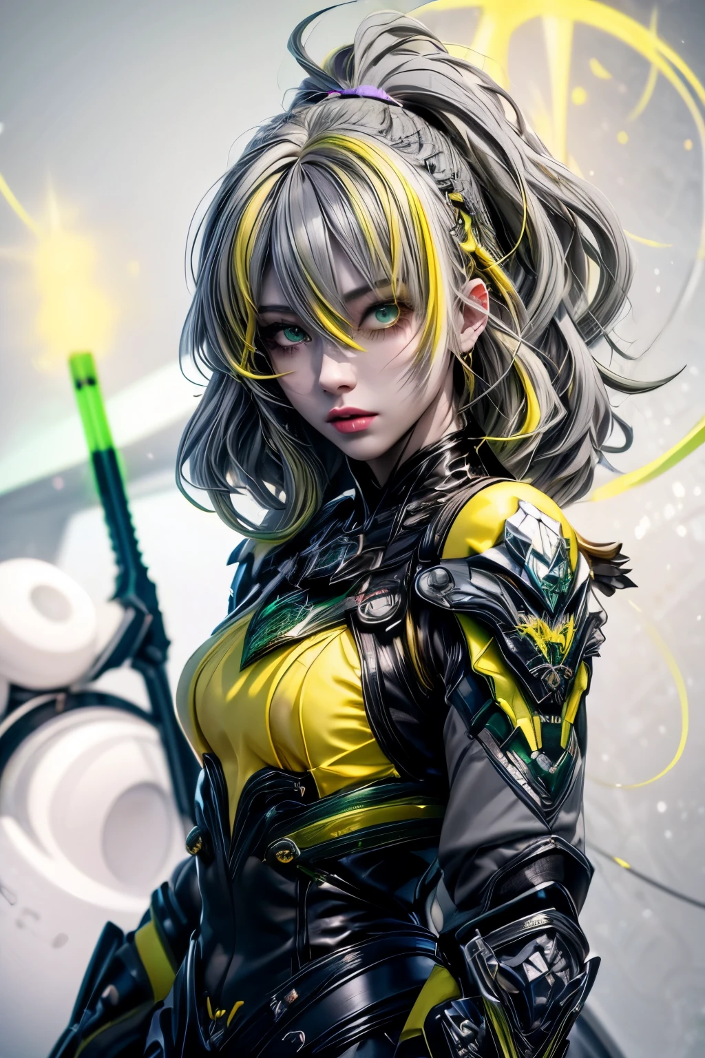 chaos、 action、Female、(yellow、green、Gray Hair 1:2)、Less exposure、Portraiture,jet suit、Complex３ｄheadset、perfection、Passage、Cubism, Pointillism、Neon Light, 8k, born, highest quality,, 超A high resolution, colorful, (medium wide shot), (Dynamic Perspective), Sharp focus , (Depth of written boundary, bokeh:1.3),rossdraws cartoon vibrant、Contemporary art, Highly detailed eyes and face,ninja artist, Beautiful fine details、iron, Trim Gear:1.2), (( highest quality)), Detailed Background, Inside the spaceship、Grab your weapon、Blue eyes、Borne luminescence、crescent moon、Fantasy,masterpiece,Plug in、spectrum、confusion、