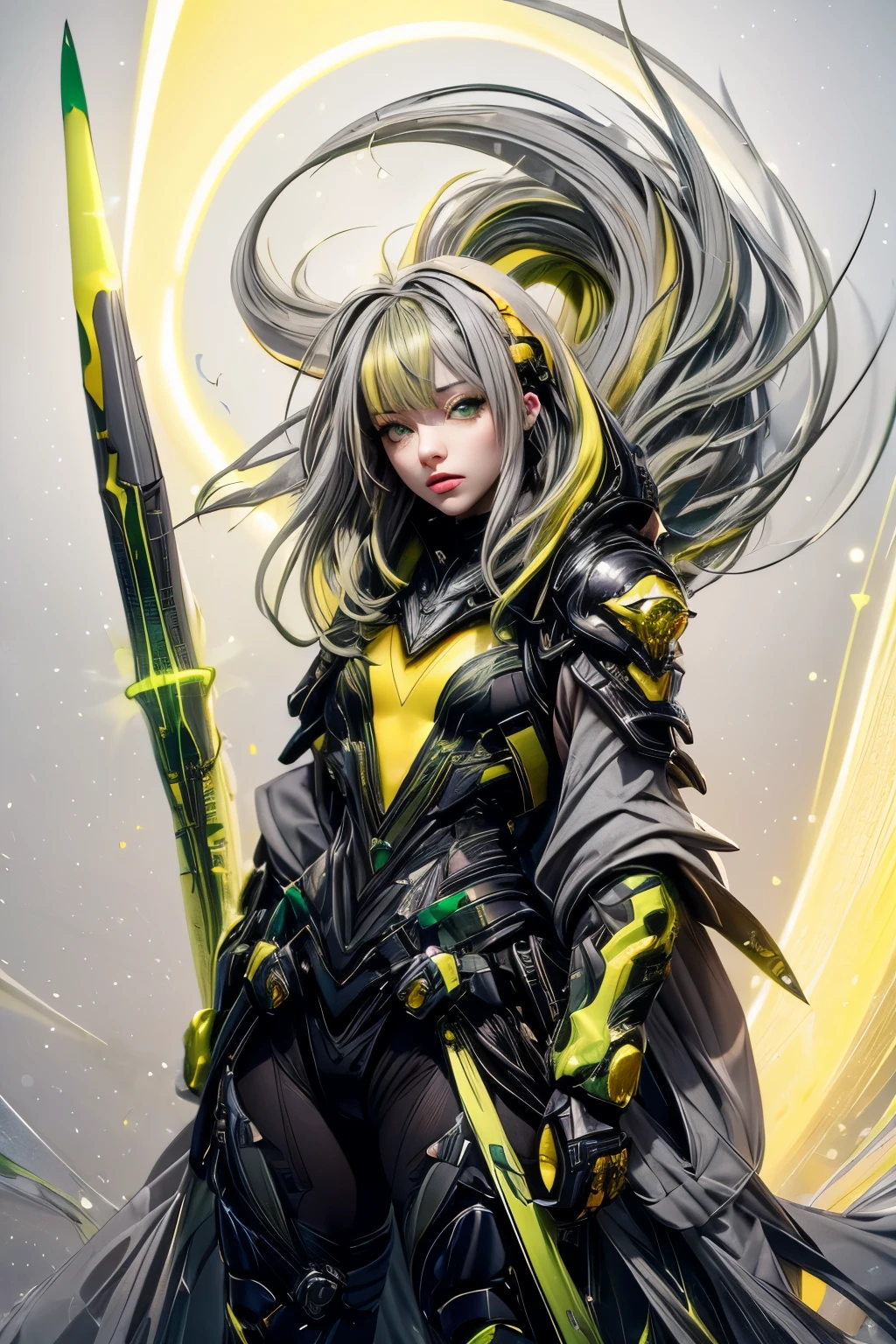 chaos、 action、Female、(yellow、green、Gray Hair 1:2)、Less exposure、Portraiture,jet suit、Complex３ｄheadset、perfection、Passage、Cubism, Pointillism、Neon Light, 8k, born, highest quality,, 超A high resolution, colorful, (medium wide shot), (Dynamic Perspective), Sharp focus , (Depth of written boundary, bokeh:1.3),rossdraws cartoon vibrant、Contemporary art, Highly detailed eyes and face,ninja artist, Beautiful fine details、iron, Trim Gear:1.2), (( highest quality)), Detailed Background, Inside the spaceship、Grab your weapon、Blue eyes、Borne luminescence、crescent moon、Fantasy,masterpiece,Plug in、spectrum、confusion、