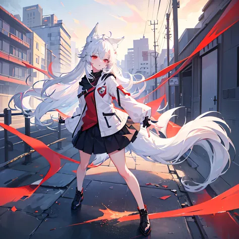 Masterpiece, high quality, girl, one, (wolf ears:1.3), long white hair, frosting, pretty, full body, (empty eyes), (red eyes:1.3...