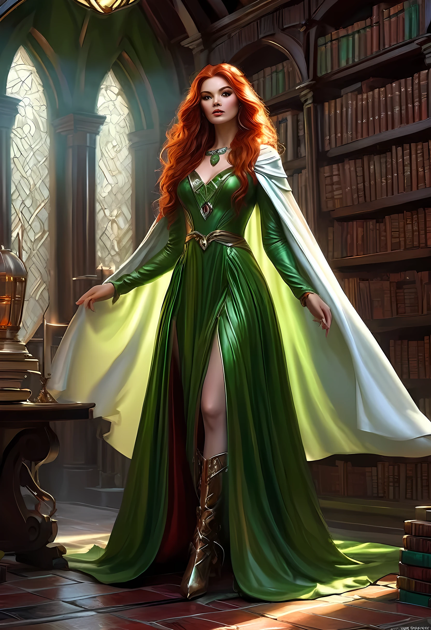 high details, best quality, 16k, [ultra detailed], masterpiece, best quality, (extremely detailed), full body, ultra wide shot, julie bell style (ultra details, Masterpiece, best quality), fantasy art, dnd art,fantasy art, realistic art, a sorceress casting a DruidMagicAI spell in magical library (ultra details, Masterpiece, best quality), exquisite beautiful human woman (ultra details, Masterpiece, best quality), red hair, long hair, (long green dress: 1.2), (white cloak: 1.3), high heeled boots (ultra details, Masterpiece, best quality) DruidMagicAI