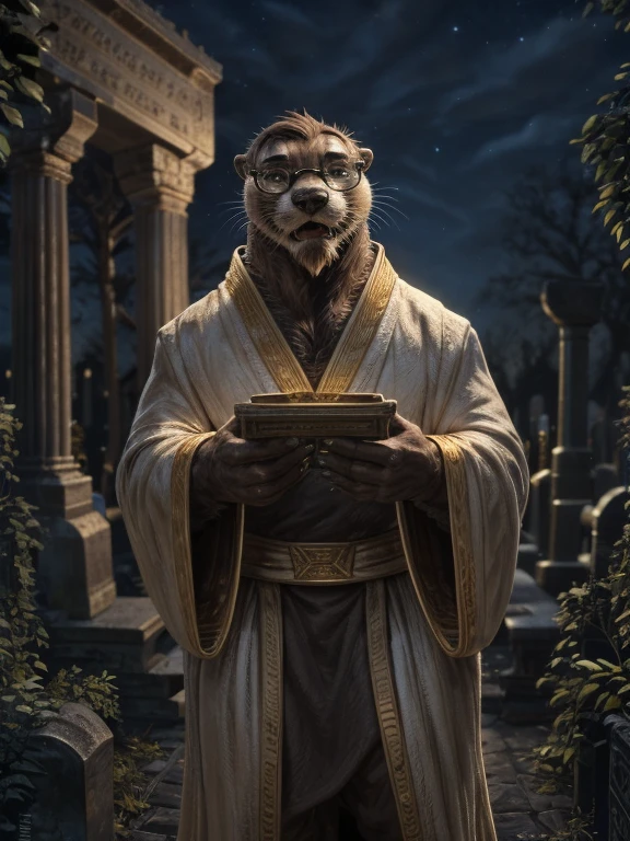 otters，uncle，male，Mature man，Lean，Bearded，Gold frame glasses，White priest robe with gold trim，night，Cemetery gate（Detailed background:1.2),High Detail, Film Photography, original video, actual, Analog style, best quality, ultra actual, 8k, (By Fiddler Tarrant),