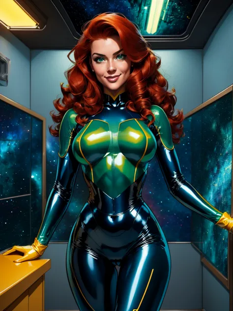 Best quality, 4K, american comics art style, vintage space beautiful woman,long curly red hair,looking to observer,shy smile,(((...