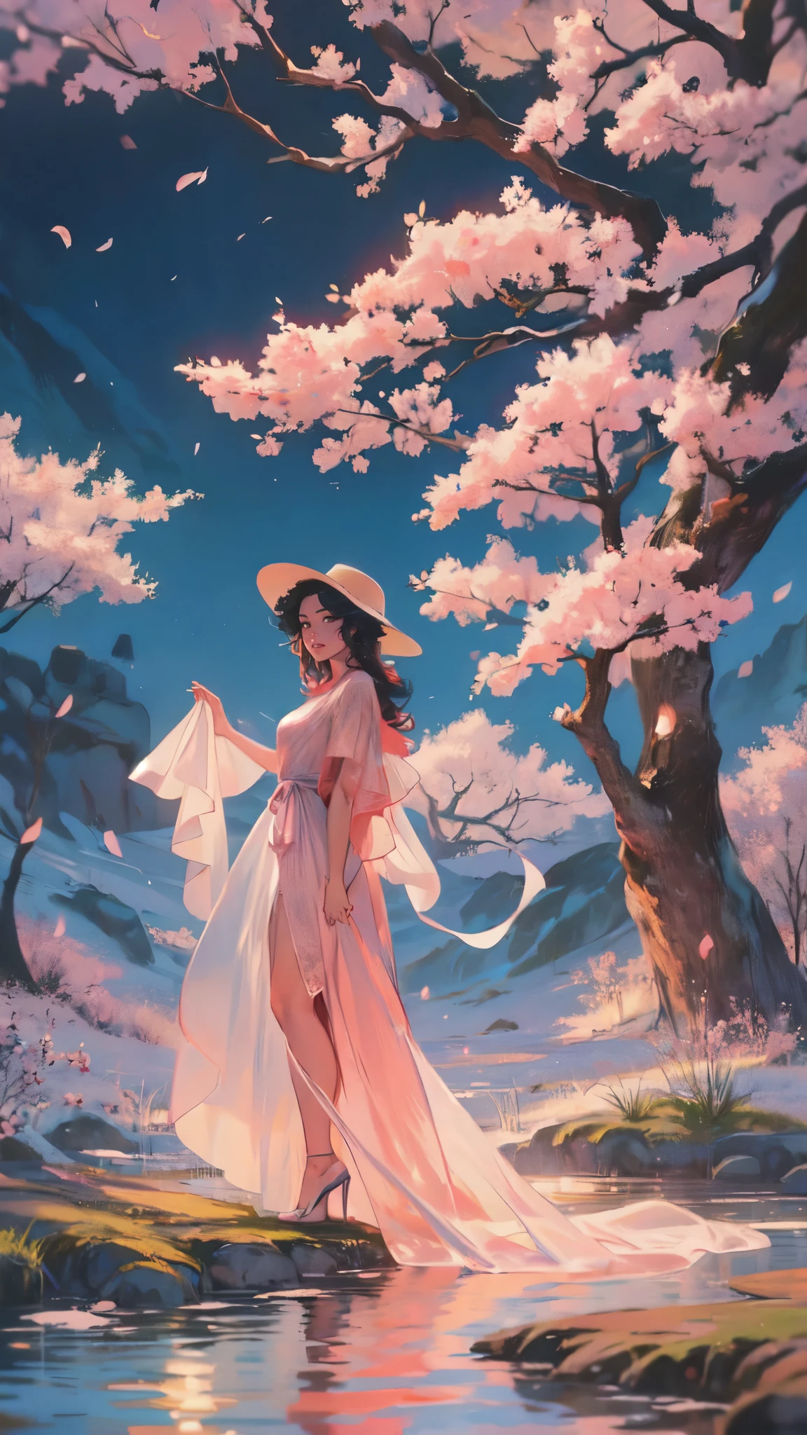 （masterpaintingelhor Quoridade），Riverside，There are many tall buildings across the river，profundidade de campo，perfect  lighting，light particleelhor Quoridade），（masterpaintings），（hiper detalhado），sharp focus，light particles，a beautiful Chinese woman standing in a cherry blossom field with a sun hat and wearing pink halter dress, longos cabelos castanhos ondulados, wearing sunglasses, alto e magro, Beautiful, sorriso sutil, Olhando_em_espreitando o espectador，sorrir，sozinho，open sky_Clothes，Arms back，standingn, e de corpo inteiro，Japanese style costume，raio de sol，The tree，De boca aberta，Arms back，cabelos azuis，orelhas brancas，fuchsia eyes