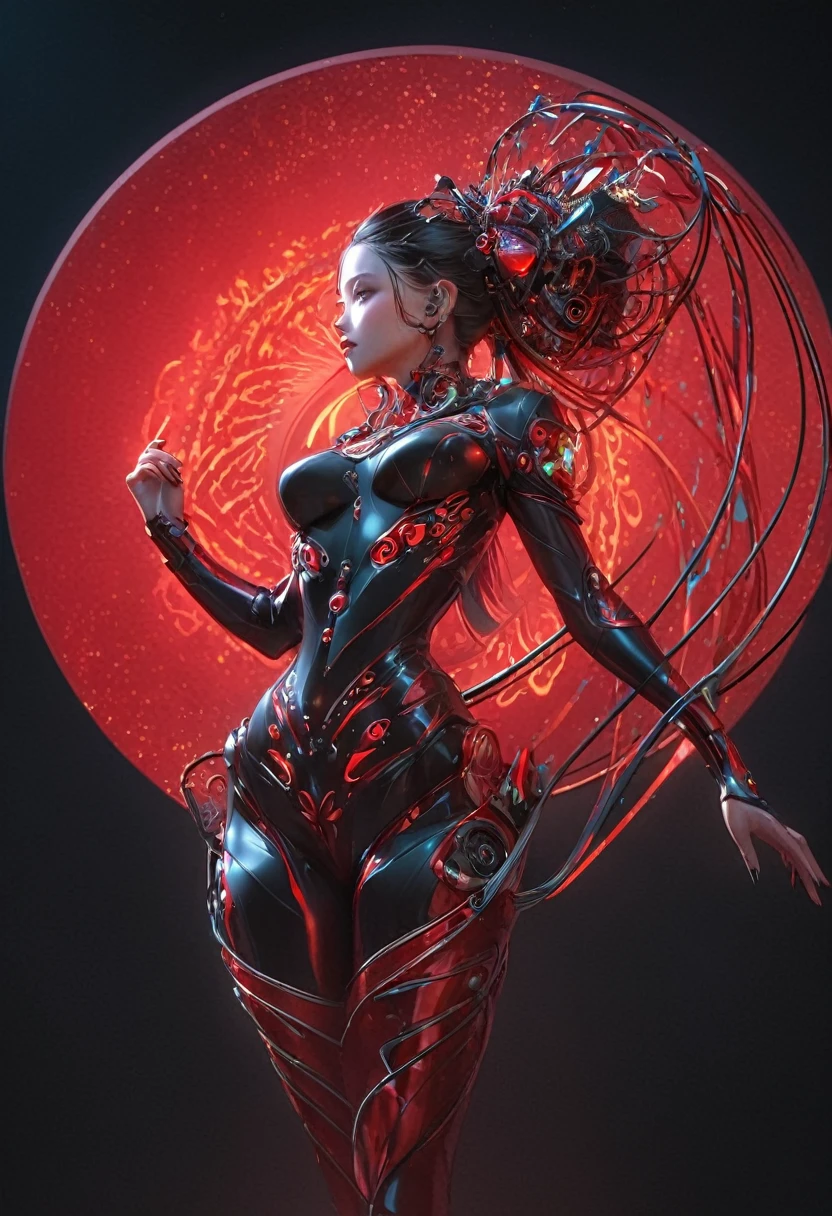 masterpiece, best quality,,(1girl:1.2) ,national_costume,science fiction,fang,(black long hair:1.2),, highly detailed, ultra detailed of a beautiful profile, biomechanical cyborg,deamon cyborg intricate, elegant, highly detailed, , sharp focus, red black hole, (red theme:1), MCSkin complex 3d render ultra detailed of a beautiful profile, biomechanical cyborg, beautiful natural soft rim light, , colorful details, , pearl earring, piercing, art nouveau fashion embroidered, intricate details, mesh wire, mandelbrot fractal, anatomical, facial muscles, cable wires, microchip, badass, hyper realistic, ultra detailed, octane render, volumetric lighting, 8k post-production, red and white with a bit of black, detailled metalic bones, semi human, iridescent colors, Glenn Brown style, black room, ,backlighting,cinema light,fficial art, unity 8k wallpaper, ultra detailed, beautiful and aesthetic, masterpiece, best quality, (zentangle, mandala, tangle, entangle), (fractal art:1.3) , 1girl, extremely detailed, dynamic angle, cowboyshot, the most beautiful form of chaos, elegant, a brutalist designed, vivid colours, romanticism, by james jean, roby dwi antono, ross tran, francis bacon, michal mraz, adrian ghenie, petra cortright, gerhard richter, takato yamamoto, ashley wood, atmospheric, ecstasy of musical notes, streaming musical notes visible