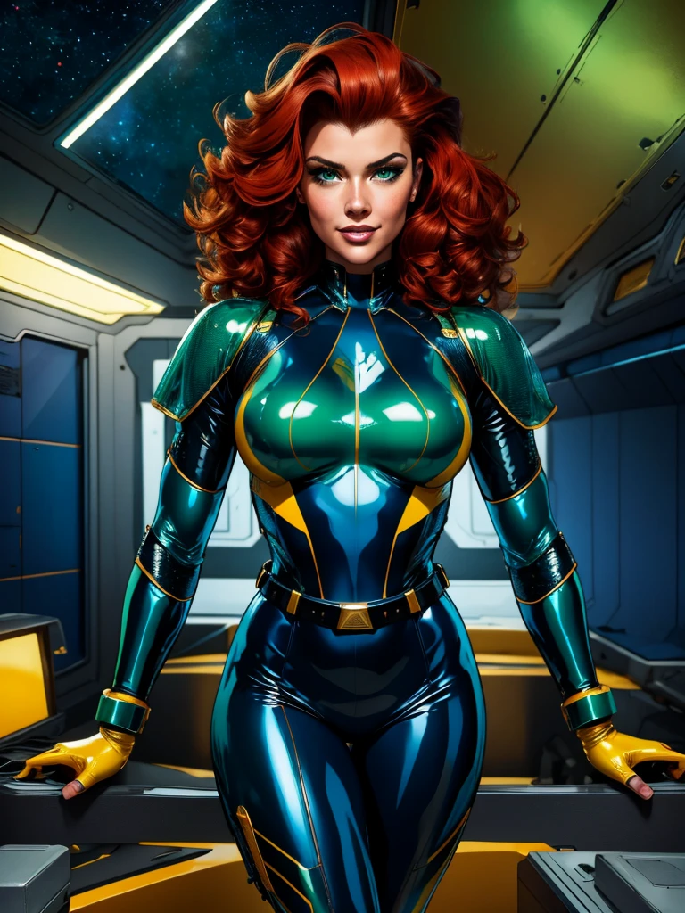 Best quality, 4K, american comics art style, vintage space beautiful woman,long curly red hair,looking to observer,shy smile,(((detailed sci-fi armor over dark blue and yellow and dark green sheer tight latex suit))),large armlets,((high tech military tactical belt)),in the hallway of a spaceship scenario, ponto de vista de baixo para cima, dramatic lights 