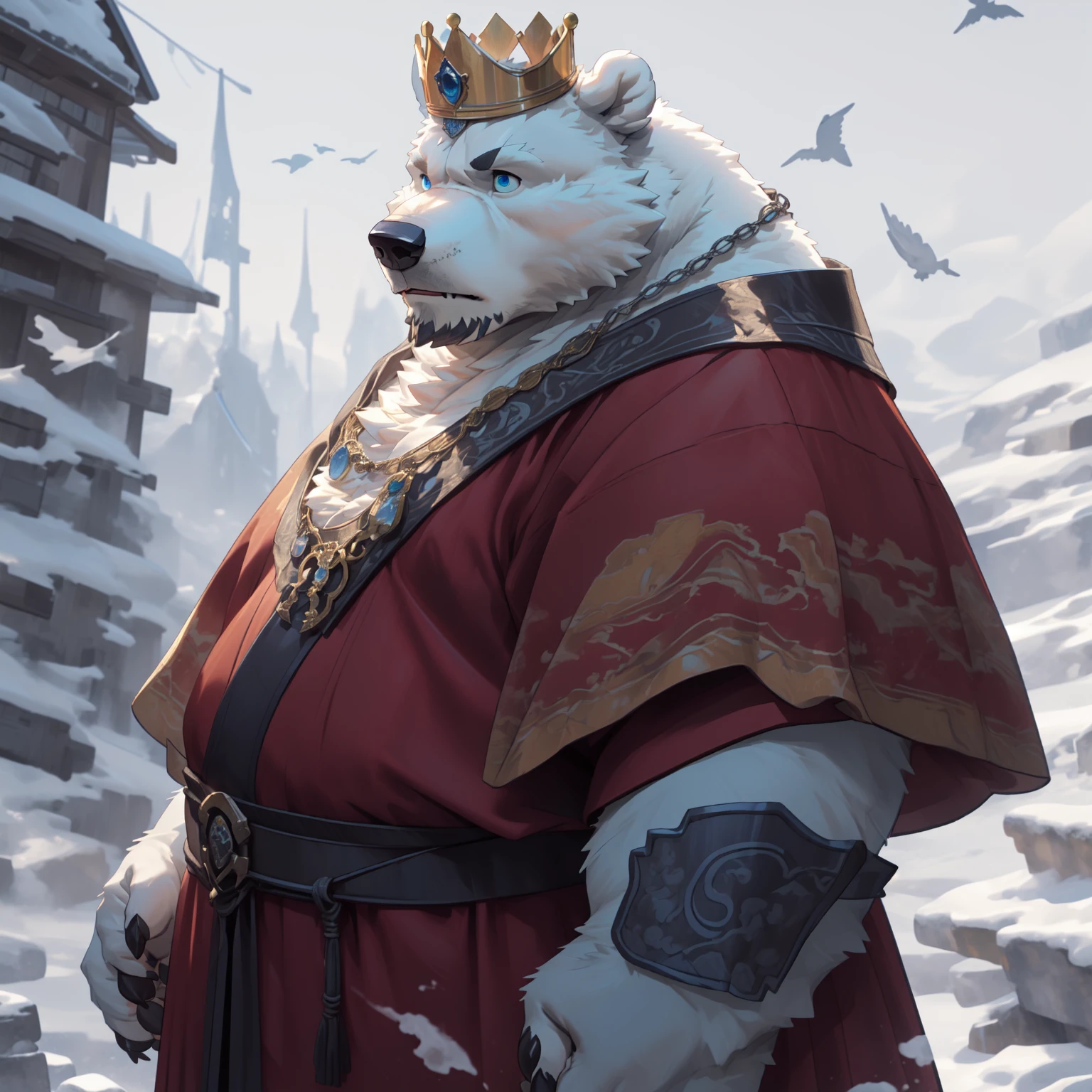 New Jersey 5 Furry，polar bear，Exquisite，Solitary，Chubby，Fat，Thick arms，Rugged muscles，White plush fur，Chubby脸，Black eyebrows，Sky blue eyes，Beard，absurd, High-quality illustrations, Ultra-high resolution, Detailed background, Perfect anatomical structure( Solitary, Beast field, Furry personification, Wearing a crown and red robe,）Medieval kings, Age 50, Portrait of the Emperor, Highly detailed characters, Draw in high resolution.