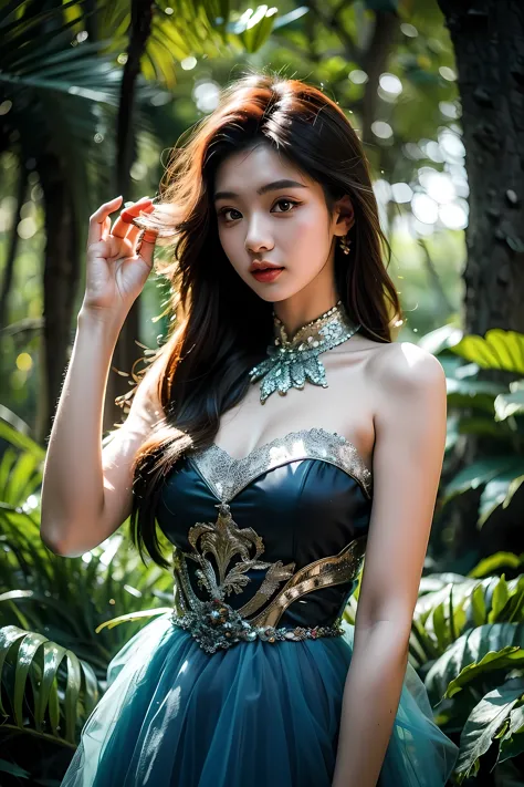 20 years old girl wear fantasy dress in the magic forest , realistic, best quality, depth_of_field