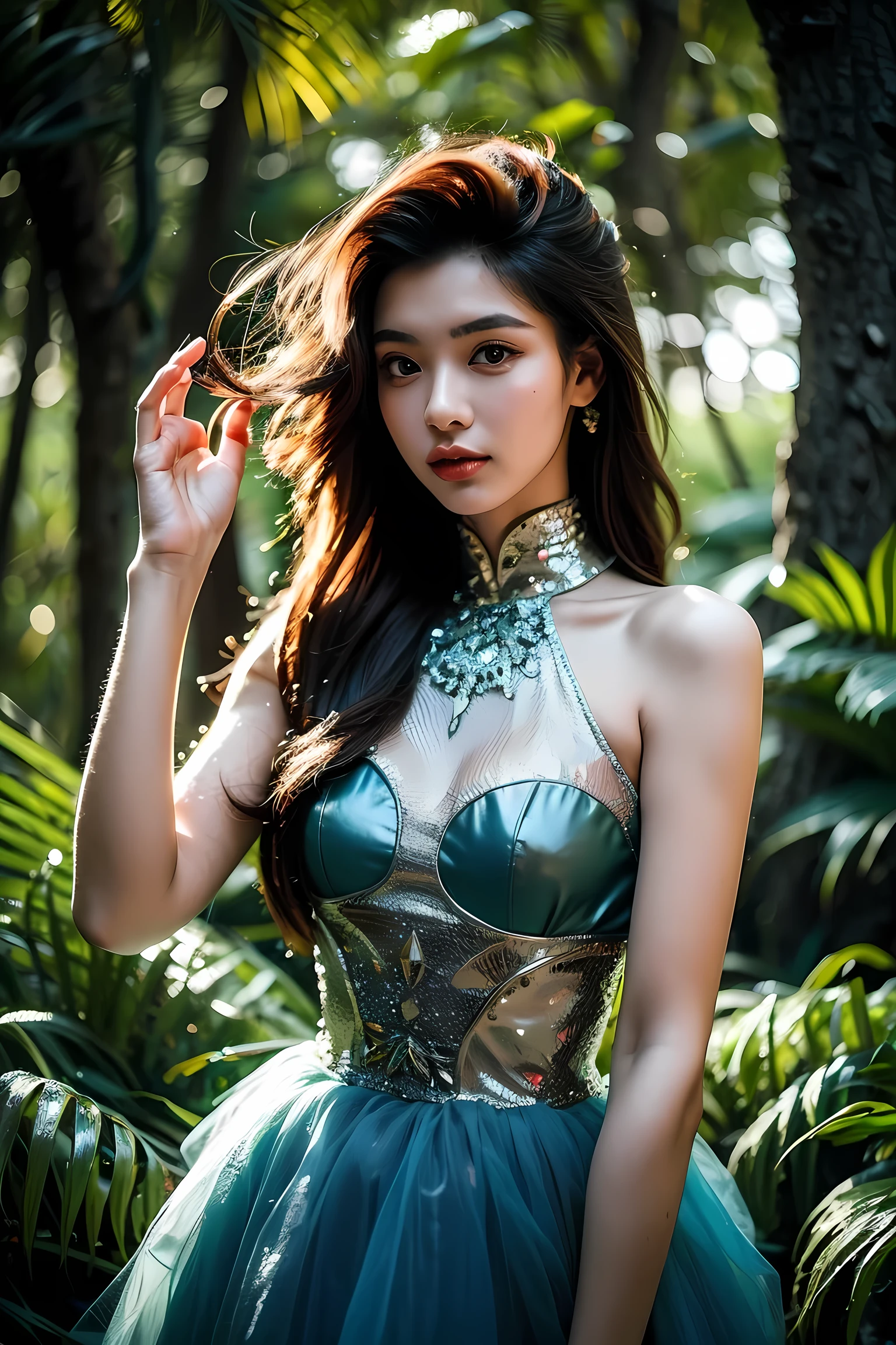 20 years old girl wear Fantasy dress in the Magic Forest , realistic, best quality, depth_of_field