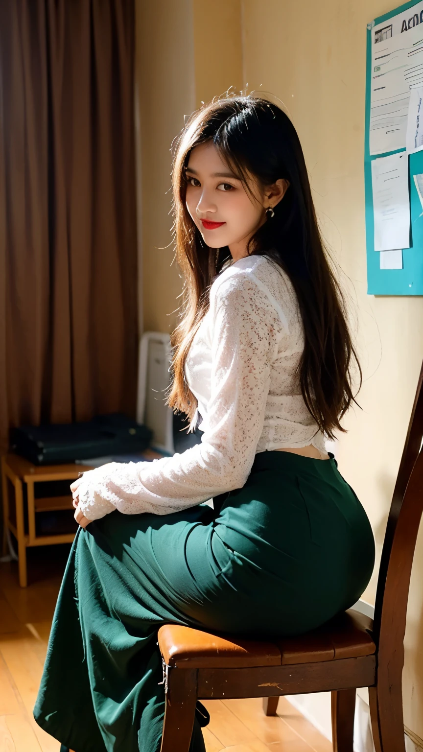 Beautiful college girl, (sitting on chair), (rear angle view from behind:1.25), (from below), ((full body)), looking at the viewer, masterpiece, light makeup, red lips, parted lips, black hair, long tousled hair, In the principal's office, beautiful and elegant. Super fine detail, masterpiece, authentic texture, cinematic lighting realism, perfect work, 16K, HD, exquisite features, beautiful face, cute smile, beautiful hair, glamorous, oily muscles, shiny skin, tanned skin, dark glowing skin, bright big eyes, smooth skin, wet, earrings , necklaces, top quality, (wearing acmmsayarma outfit, acmmsayarma white top with buttons, long sleeves), ((acmmsayarma dark green long skirt))