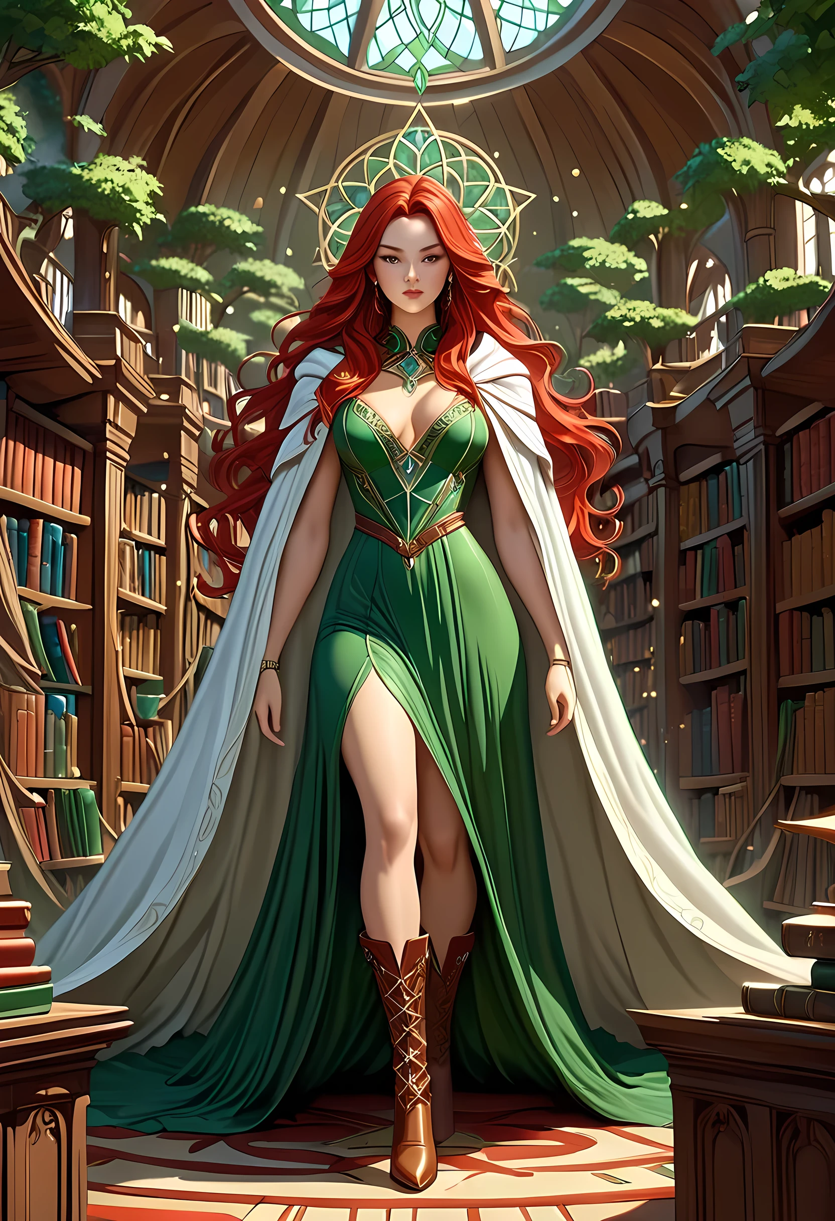 high details, best quality, 16k, [ultra detailed], masterpiece, best quality, (extremely detailed), full body, ultra wide shot, julie bell style (ultra details, Masterpiece, best quality), fantasy art, dnd art,fantasy art, realistic art, a sorceress casting a DruidMagicAI spell in magical library (ultra details, Masterpiece, best quality), exquisite beautiful human woman (ultra details, Masterpiece, best quality), red hair, long hair, (long green dress: 1.2), (white cloak: 1.3), high heeled boots (ultra details, Masterpiece, best quality) DruidMagicAI