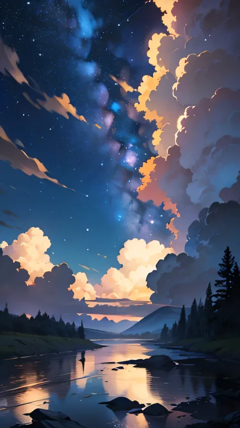 beautiful landscape. A large yellow one in the night sky is surrounded by bright stars and soft large clouds. The river is dark ...