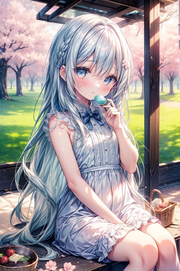 masterpiece, best quality, extremely detailed, (illustration, official art:1.1), 1 girl ,masterpiece, best quality, extremely detailed, (illustration, official art:1.1), 1 girl ,(((( light blue long hair)))), light blue hair, ,, long hair ((blush)) , cute face, big eyes, masterpiece, best quality,(((((a very delicate and beautiful girl))))),Amazing,beautiful detailed eyes,blunt bangs((((little delicate girl)))),tareme(true beautiful:1.2),Pale blue hair，By bangs，long whitr hair，eyes blue，By bangs，teens girl，Lolita long dress，All body，, (masterpiece, highest quality), close, wide angle, Fisheye, young，elementary school girl，naked，close，smile，eat，(sitting on the floor:1.2)，next to a small kotatsu，(A sheet full of food，Rich cuisine，Heaps of food)，Spring in the park，Cherry blossom trees，Cherry blossom viewing，(Heaps of food on the Picnic sheet)，outside，comfortable，small cat，grass，Picnic sheet，SakuraFubuki，bright，white，watercolor，
