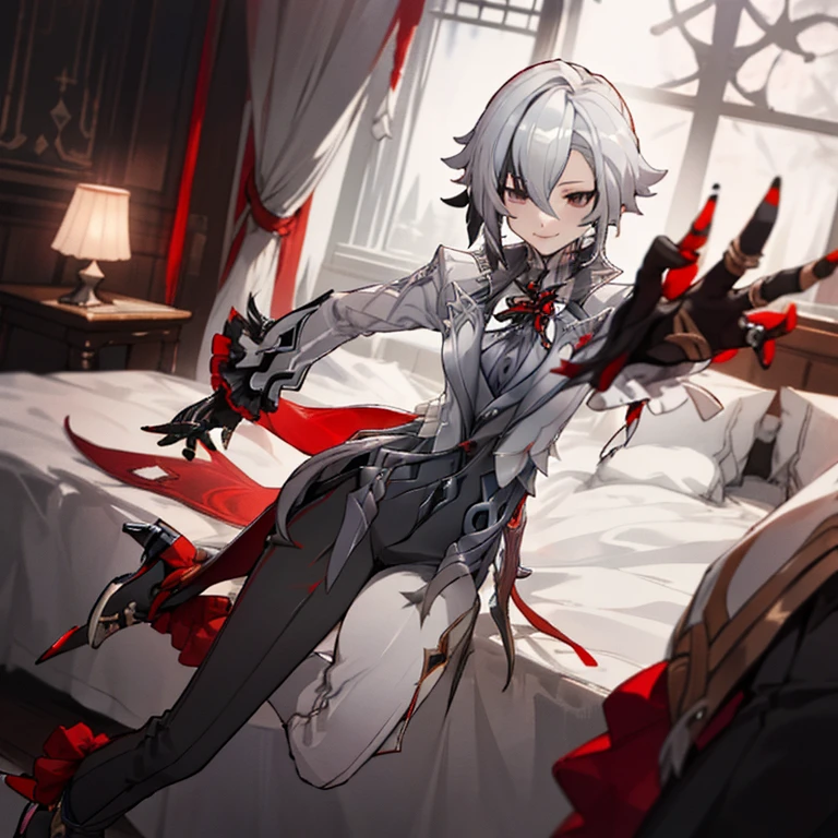 (​masterpiece、top-quality)、1 girl 、Smirk、grey  eyes、arlecchino \(genshin impact\), black gloves, grey tailcoat, black pants, grey vest, grey shirt, high heels, Warm lighting、on the beds, Blurred foreground、deep in the night、High contrast、Night、laimg on the bed.