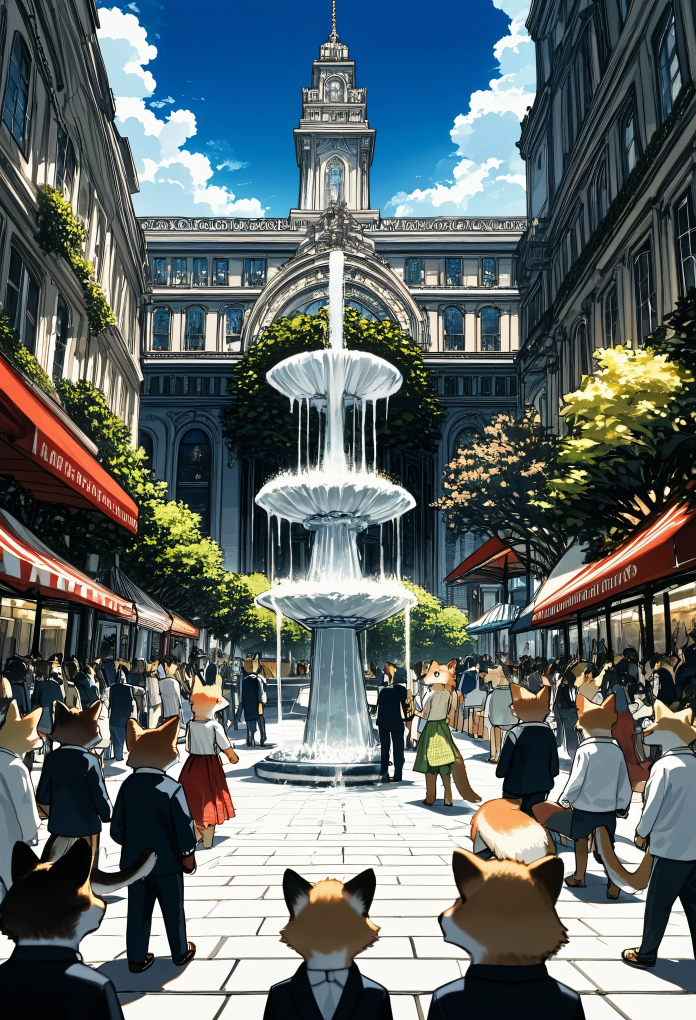 top quality, best quality, High-quality illustrations, masterpiece, super high resolution, detailed background, Streets of Paris, The fountain, 6+boys, 6+girls, absurdres(highly detailed beautiful face and eyes)perfect anatomy, expression, good lighting, cinematic shadow(kemono, furry anthro)assorted poses, dynamic angle,