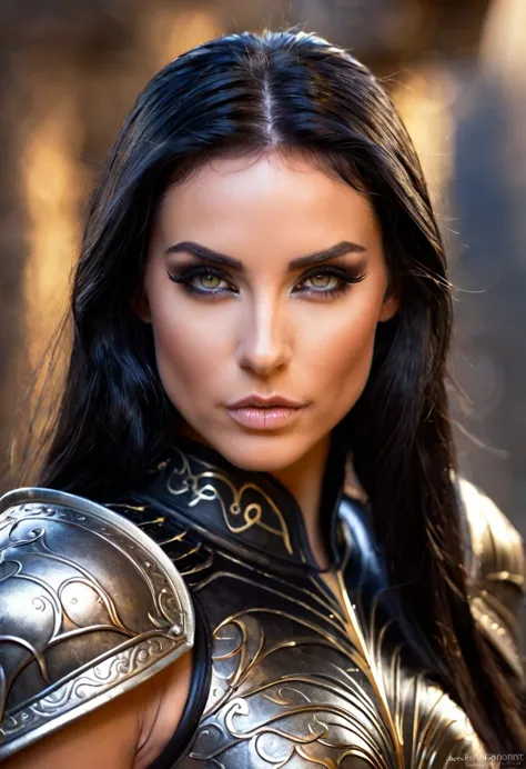 adriana malkova is a beautiful ethereal female elf knight, raven-black hair, in the style of boris vallejo,squat,  high detail s...